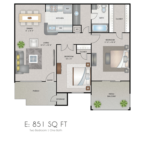 Floor plan for 2 beds, 1 bath, 851 sqft